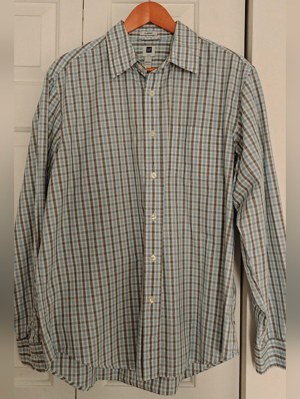 GAP Men's Blue and Brown Plaid Button-Down Shirt Men Size L